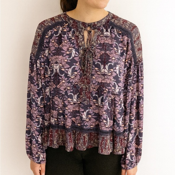 Xhilaration Floral Long Sleeve Peplum Boho Top, Size Medium - Picture 1 of 12